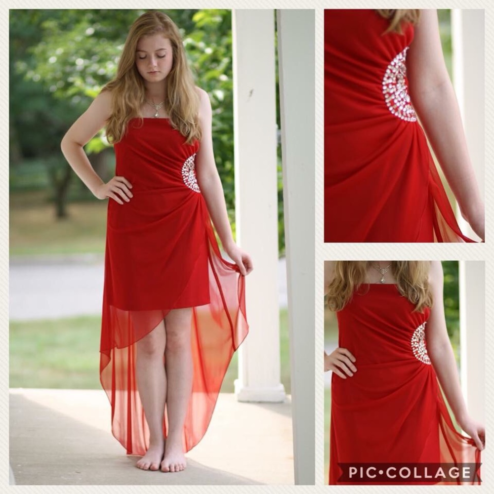 Teeze Me red high-low dress (Dillard’s)
